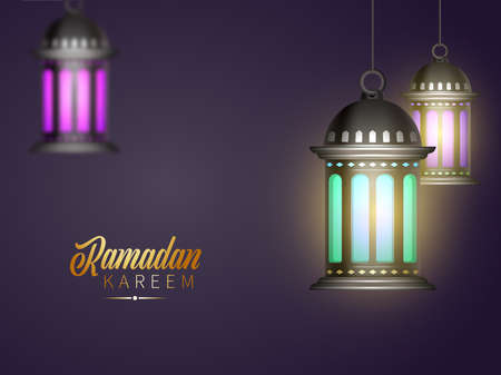 Golden Ramadan Kareem Font With Illuminated Realistic Lanterns Hang On Purple Background.のイラスト素材
