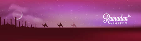 Ramadan Kareem Banner Or Header Design With People Riding Camels On Pink And Red Silhouette Mosque Nighttime Background.のイラスト素材