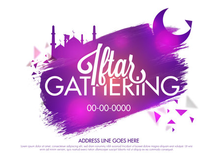 Iftar Gathering Invitation Card, Poster Design With Purple Brush Effect Crescent Moon, Mosque On White Background.のイラスト素材