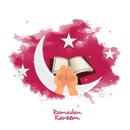 Ramadan Kareem Concept With Crescent Moon, Religious Praying Hands, Open Holy Quran Book, Star Hang And Red Watercolor Effect On White Background.のイラスト素材