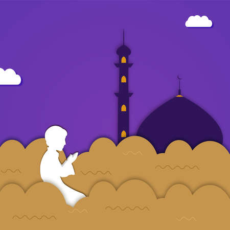 Paper Cut Religious Boy Offering Namaz (Islamic Prayer) With Mosque, Clouds Wave On Purple Background For Muslim Festival Community Concept.のイラスト素材