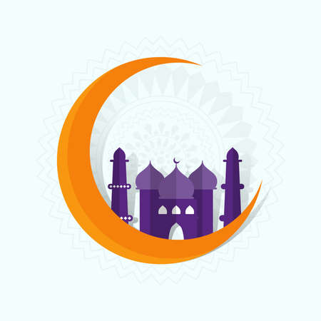 Orange Crescent Moon With Purple Mosque Illustration And Copy Space For Islamic Festival Celebration Concept.のイラスト素材