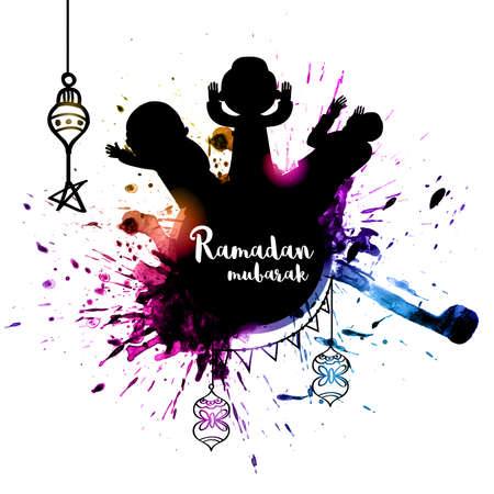 Ramadan Mubarak Font On Abstract Splash Effect Islamic People Background And Hanging Doodle Lanterns.のイラスト素材