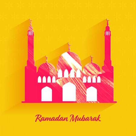 Ramadan Mubarak Concept With Brush Effect Paper Mosque On Yellow Flower Pattern Background.のイラスト素材