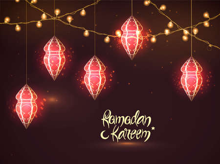 Ramadan Mubarak Banner Or Header Set With Glowing Crescent Moon, Lanterns Hang On Blue Light Effect...