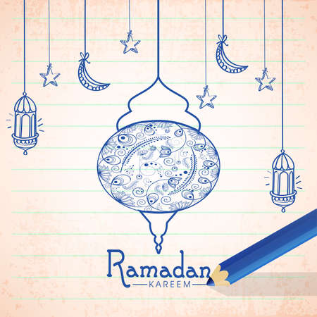 Ramadan Kareem Text Written By Colour Pencil With Doodle Style Arabic Lanterns, Crescent Moon, Stars Hang Decorated Retro Stripe Page Backgroundのイラスト素材