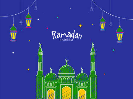 Ramadan Kareem Celebration Concept With Scribble Style Mosque, Hanging Stars And Lanterns Decorated On Blue Background.のイラスト素材