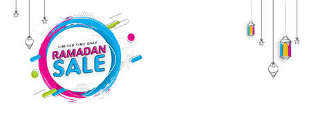 Ramadan Sale Banner Or Header Design With Hanging Lanterns, Stars And Circular Brush Effect On White Background.のイラスト素材