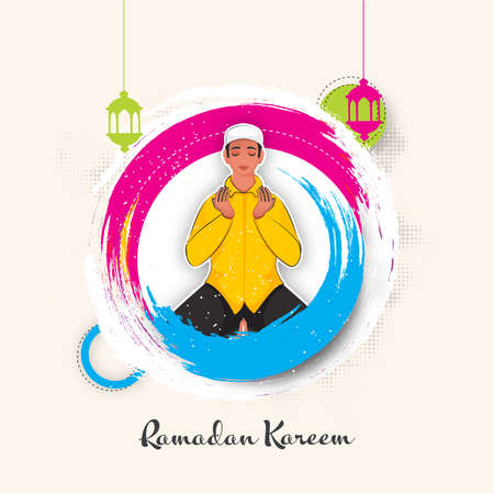Ramadan Kareem Concept With Islamic Young Boy Praying (Namaz), Hanging Lanterns And Brush Stroke On Cosmic Latte Halftone Effect Background.のイラスト素材