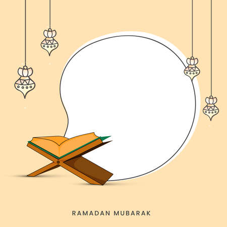 Ramadan Mubarak Greeting Card With Open Holy Quran Book At Rehal, Lanterns Hang On Peach And White Background With Copy Space.のイラスト素材