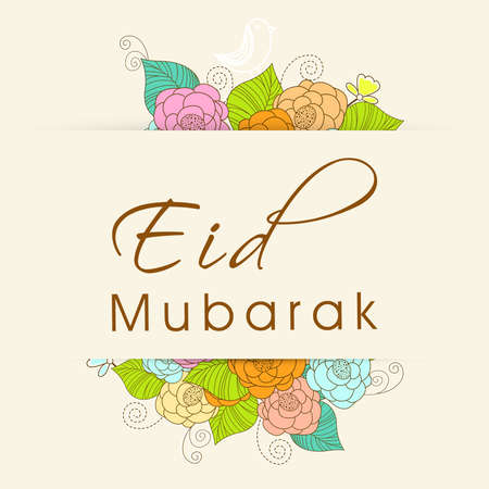 Eid Mubarak Greeting Card With Doodle Colorful Floral Decorated Background.のイラスト素材