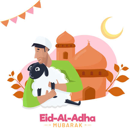Illustration Of Muslim Man Holding Sheep With Mosque, Leaves, Crescent Moon And Bunting Flags On White Background For Eid-Al-Adha Mubarak.のイラスト素材