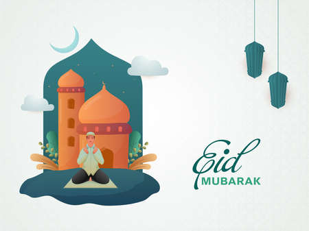 Eid Mubarak Font With Muslim Man Offering Prayer And Mosque Illustration On White Islamic Pattern...