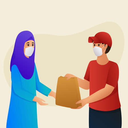 Delivery Boy Giving Paper Bag To Muslim Woman In Safety Mask To Protect Of Coronavirus.のイラスト素材