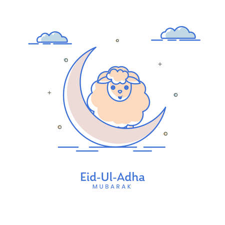 Eid-Ul-Adha Mubarak Concept With Crescent Moon, Cartoon Sheep And Clouds On White Background.のイラスト素材