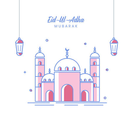 Vector Illustration Of Mosque With Hanging Lanterns On White Background For Eid-Ul-Adha Mubarak Concept.のイラスト素材