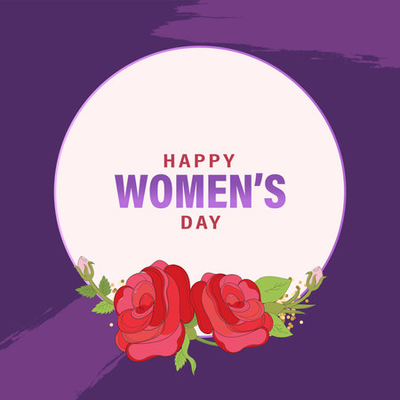 Happy Women's Day Greeting Card Design Decorated with Rose Floral in White and Purple Color.のイラスト素材