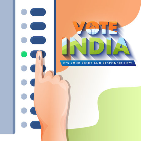 Voter Hand Pressing the Button to Cast Their Vote on Tricolor Background. Awareness Poster Design with Given Message as Vote India, It's Your Right and Responsibility.のイラスト素材