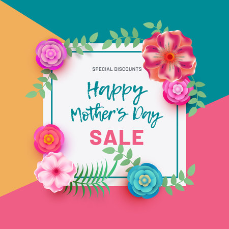 Happy Mohter's Day decorated text with beautiful flowers and leafs on colorful background. Sale Banner or Sale Poster Background.のイラスト素材