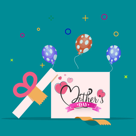 Happy Mohter's Day celebration concept with an open giftbox, balloons and other elements.のイラスト素材