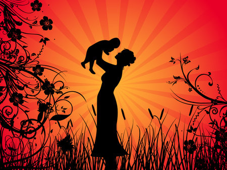 Abstract Orange Rays Background with Mother Silhouette with his Child in Garden.のイラスト素材