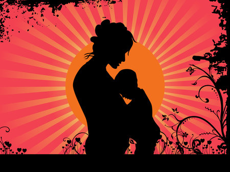 Abstract Rays Background with Grungy Floral and Silhouette Illustration For Mother's Day Concept.のイラスト素材