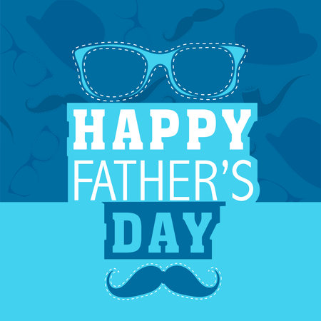 Happy Father's Day Celebration Greeting Card with Goggles, Mustache on Blue Background.のイラスト素材