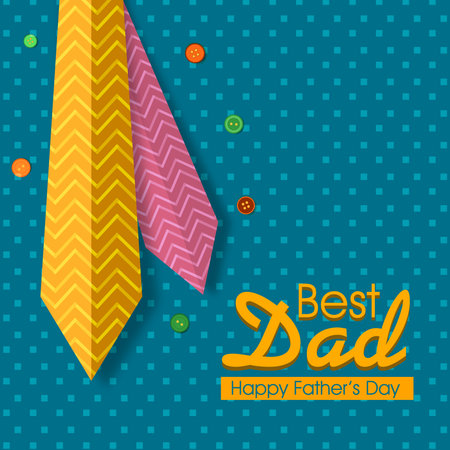 Best Dad, Happy Father's Day Greeting Card with Pair of Necktie on Blue Square Pattern Background.のイラスト素材