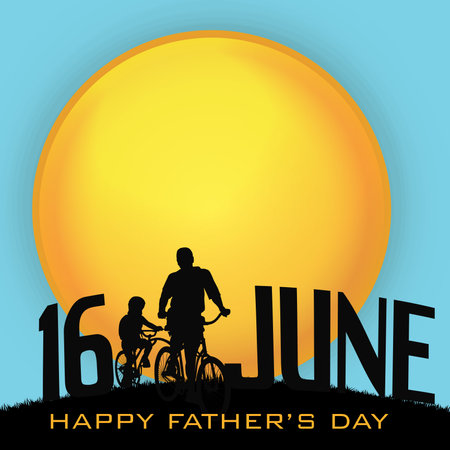Happy Fathers Day background with silhouette of a father and son riding cycles and text 16th June.のイラスト素材