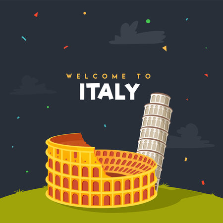 Welcome to Italy poster design with Colosseum, Leaning tower of pisa monuments on dark background.のイラスト素材