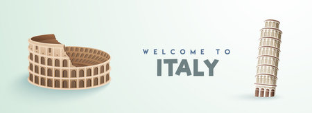 Welcome to Italy banner design with Colosseum, Leaning tower of pisa monuments on white background.のイラスト素材