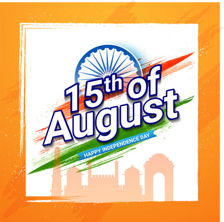 15th of August Indian Independence Day concept with India Gate and Red Fort on yellow and white background.のイラスト素材