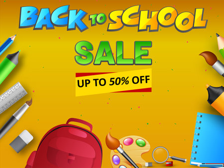 Back To School sale poster design with school supplies elements decorated on png background.のイラスト素材