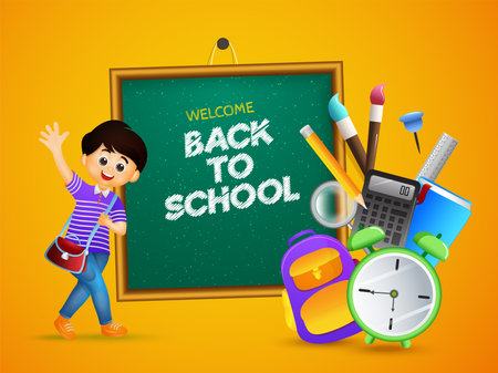Welcome Back to School Poster Design with Cartoon Student Boy Character and Supplies Elements on Chalkboard Yellow Background.のイラスト素材