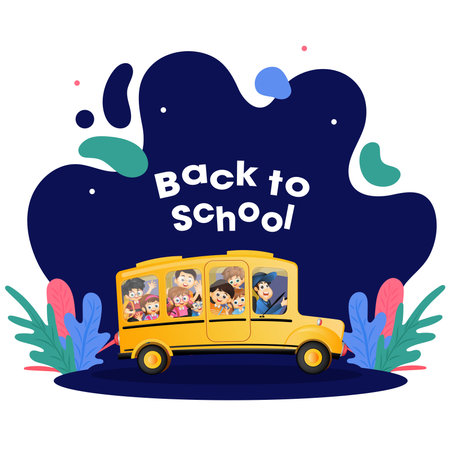Students are going to school by bus, back to school poster design.