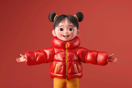 a little Asian girl cartoon wearing a bright red jacket, possibly a winter or outerwear garment. She is posing for the camera, and the focus is on her and the jacket.の素材