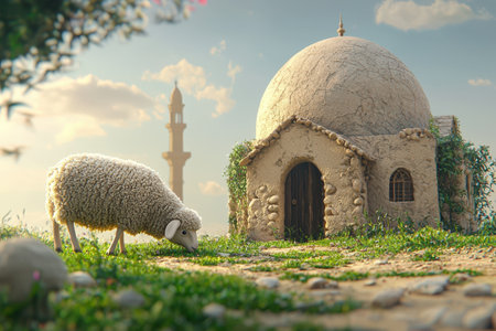 Eid-Ul-Adha Celebration, Islamic Festival of Sacrifice with 3d illustration of sheep feeding grass in front of mosque.の素材