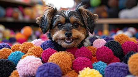 International Dog Day Photo - A small dog is sitting in a pile of colorful balls. The dog has a black and brown coat with a long, shaggy texture. It has large, round eyes and floppy ears. The balls are made of yarn or fabric and come in a variety of colors, including pink, purple, blue, yellow, orange, and red. They are all different sizes, ranging from small to large. The background is out of focus, but it appears to be a room with shelves or tables holding more balls.の素材