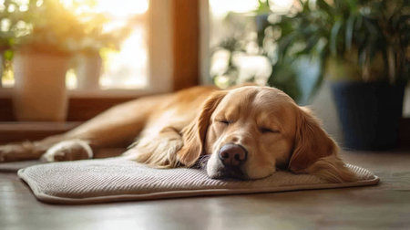 National Golden Retriever Day Photo - Golden Retriever Dog is sleeping on a rug in a room with plants. The dog is a golden retriever with long fur. It is lying on its side with its head resting on the rug. The rug is beige and has a textured pattern. In the background, there are several potted plants on the floor and a window with bright sunlight coming through it.の素材