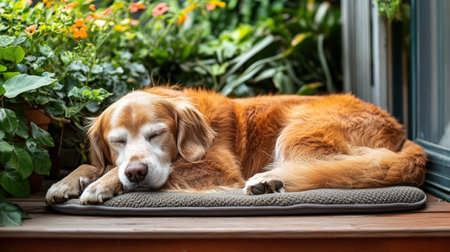 National Golden Retriever Day Photo - Golden Retriever Dog is sleeping on a mat in front of a window. The dog is a golden retriever with a white face and brown fur. It is lying on its side with its head resting on its front paws. The mat is gray and has a textured surface. The window is open, and there are plants outside. The dog appears to be sleeping peacefully.の素材