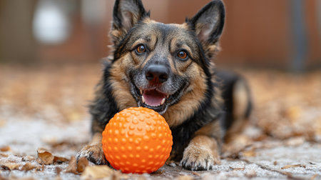 International Dog Day Photo - German Shepherd Dog is lying on the ground with a ball in front of it. The dog has a brown and black coat, and the ball is orange. The dog appears to be playing with the ball, as if it has just dropped it or is about to pick it up. The background is blurry, but it appears to be a yard or park with leaves on the ground.の素材