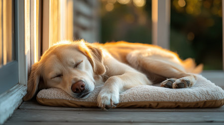 National Golden Retriever Day Photo - Golden Retriever Dog is sleeping on a pillow on the floor. The dog is a golden retriever with a light brown coat. It is lying on its side with its head resting on the pillow and its front legs stretched out in front of it. The pillow is white and fluffy, and it appears to be made of a soft material. The background of the image is out of focus, but it appears to be a room with windows and a door. The overall atmosphere of the image is one of relaxation and tranquility.の素材
