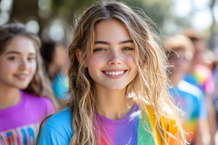 World Pride Celebration photo- A young girl with long blonde hair and a colorful shirt smiles at the camera, surrounded by a crowd of people in the background.の素材
