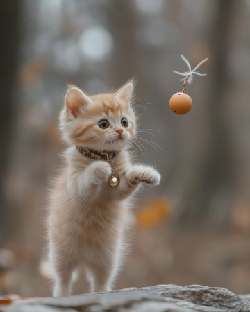 International Cat Day photo- A kitten is playing with a ball in the woods. The kitten is standing on its hind legs and is reaching out with its front paws to grab the ball. The ball is hanging from a string and is just out of the kitten's reach. The kitten is wearing a collar with a bell on it. The background is blurry, but it appears to be a wooded area with trees and leaves.の素材
