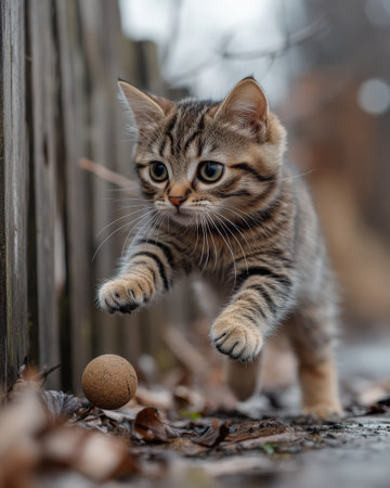 International Cat Day photo- A kitten is playing with a ball in the leaves. The kitten is standing on its hind legs, with its front paws outstretched and its tail held high. The ball is small and brown, and it appears to be made of a soft material. The kitten's fur is striped with shades of gray and brown, and its eyes are bright and curious. The background of the image is blurred, but it appears to be a garden or yard with trees and bushes in the distance.の素材