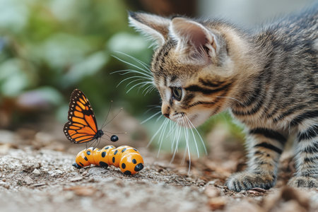 A curious kitten is intently watching a butterfly that has landed on a caterpillar. The kitten is standing on the ground, its ears perked up and whiskers twitching as it observes the butterfly. The butterfly is orange with black spots and has its wings spread wide, while the caterpillar is yellow with black spots and is curled up on the ground. The background is blurred, but it appears to be a garden or outdoor setting with greenery and dirt.の素材
