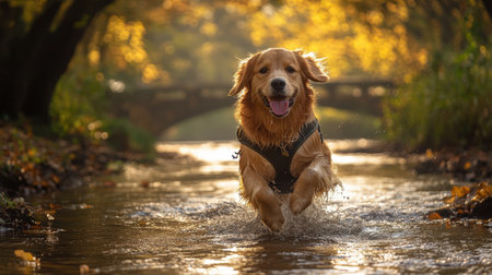 National Golden Retriever Day Photo - A golden retriever is running through a stream in a wooded area. The dog is wearing a black harness and has its mouth open, with its ears flapping in the wind. The stream is shallow and narrow, with rocks and leaves scattered along its banks. In the background, there are trees with yellow leaves, and a bridge can be seen in the distance.の素材