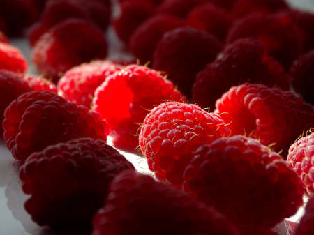 sunlit and in the shade ripe late raspberries on a white background