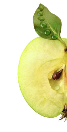 Half an apple with a leafの写真素材