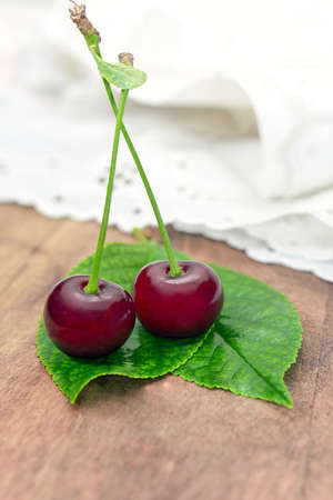 two cherries with leavesの写真素材